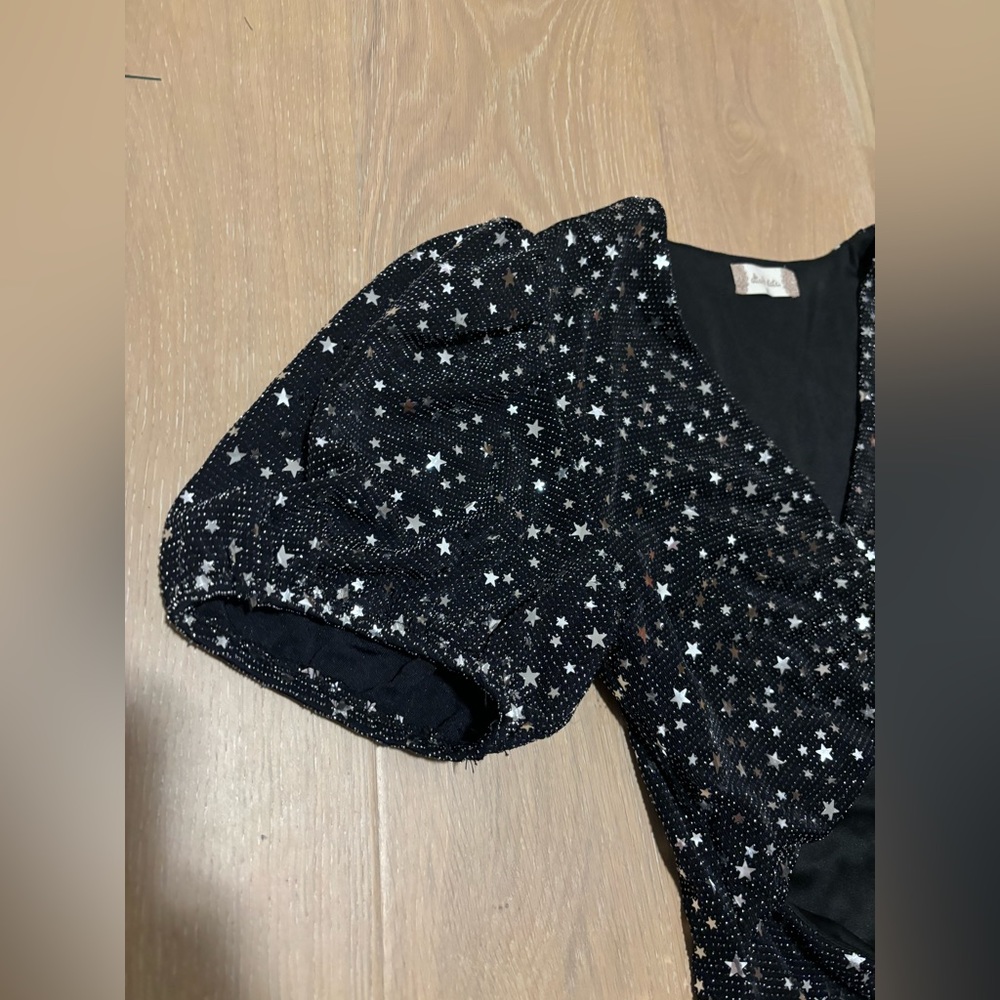 Altar’d State puff sleeve star sequin silver cut out black sparkly slinky dress - Picture 3 of 8